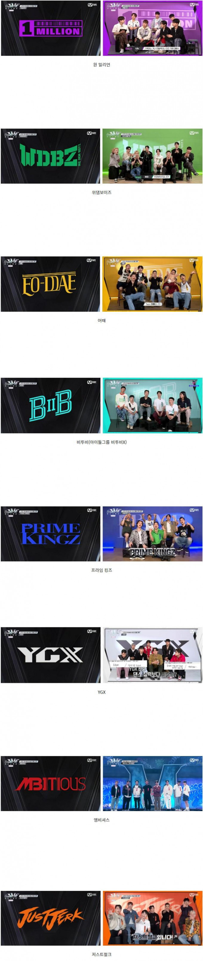 스트릿 맨 파이터(스우파 남자버전) 라인업