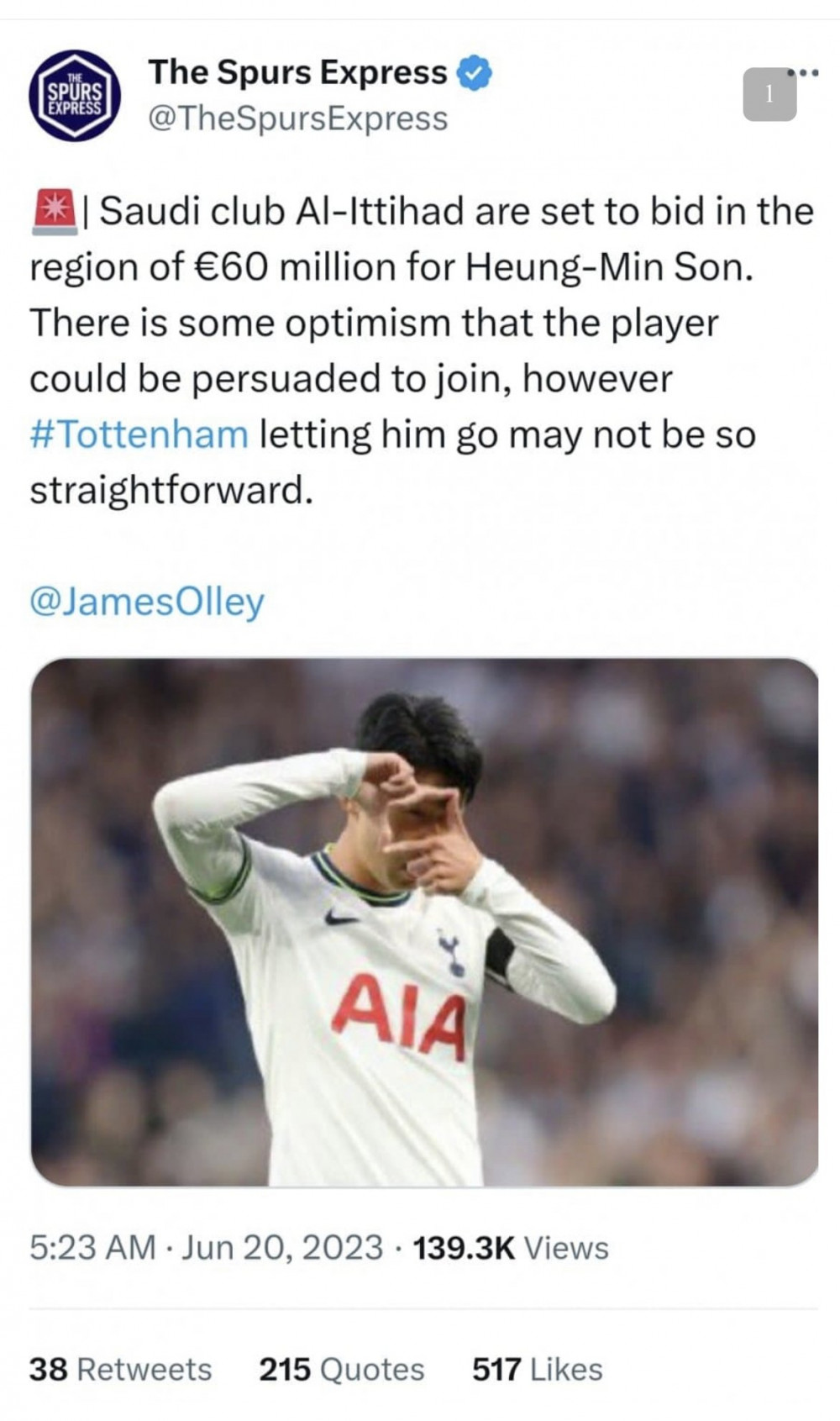 손흥민 사우디 1위팀에 영입제안옴