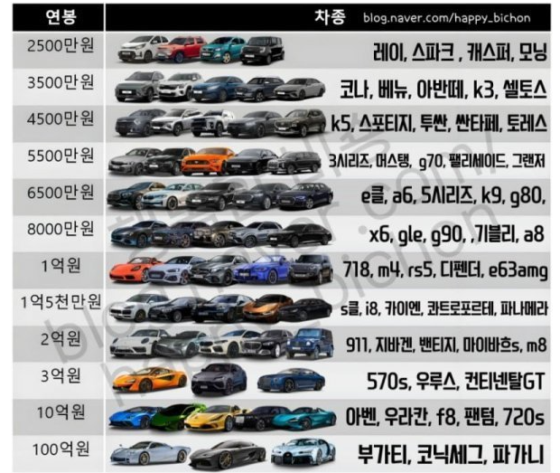 매우 현실적인 연봉별 자동차 계급도