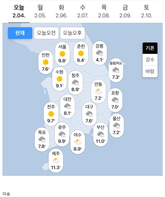 벌써 입춘.. 오늘자 현재 전국 기온